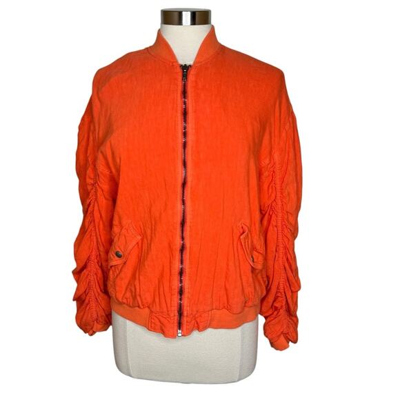 Free People Ruched Cosy Fit Soft Orange Bomber Jacket Full Zip Women's Size XS - Picture 2 of 12